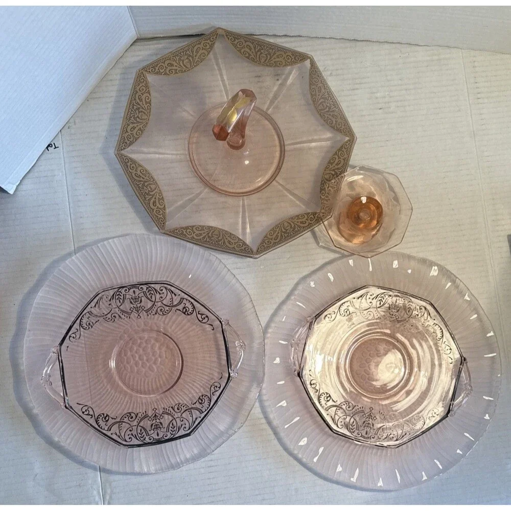 6 PC Pink Depression Glass Cake Plate 2 Sandwich Plates Sterling 2 Lg Pink Frost